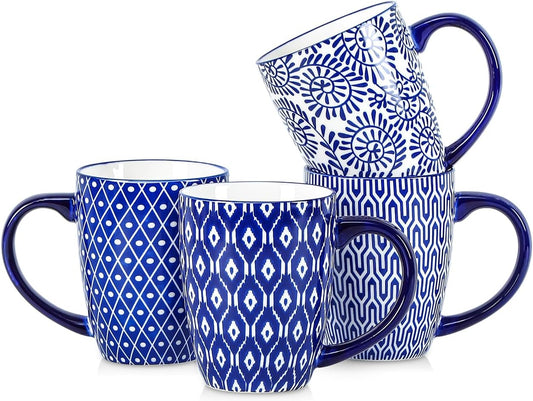Selamica Ceramic Coffee Mugs Set of 4, 16 OZ Coffee Mug with Handle, Large Coffee Cups for Cappuccino, Tea, Mocha, Cocoa, Dishwasher Microwave Safe, Vintage Blue