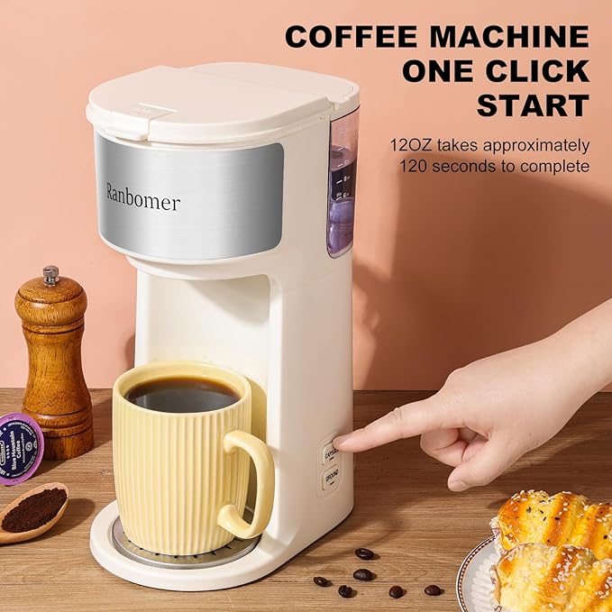 K Cup Coffee Maker, Single Serve coffee machine or Ground Coffee Machine 2 in 1, 6 to 14 Oz Brew Sizes, Mini One Cup Coffee Maker with Self cleaning Function, Fits Travel Mug (White)