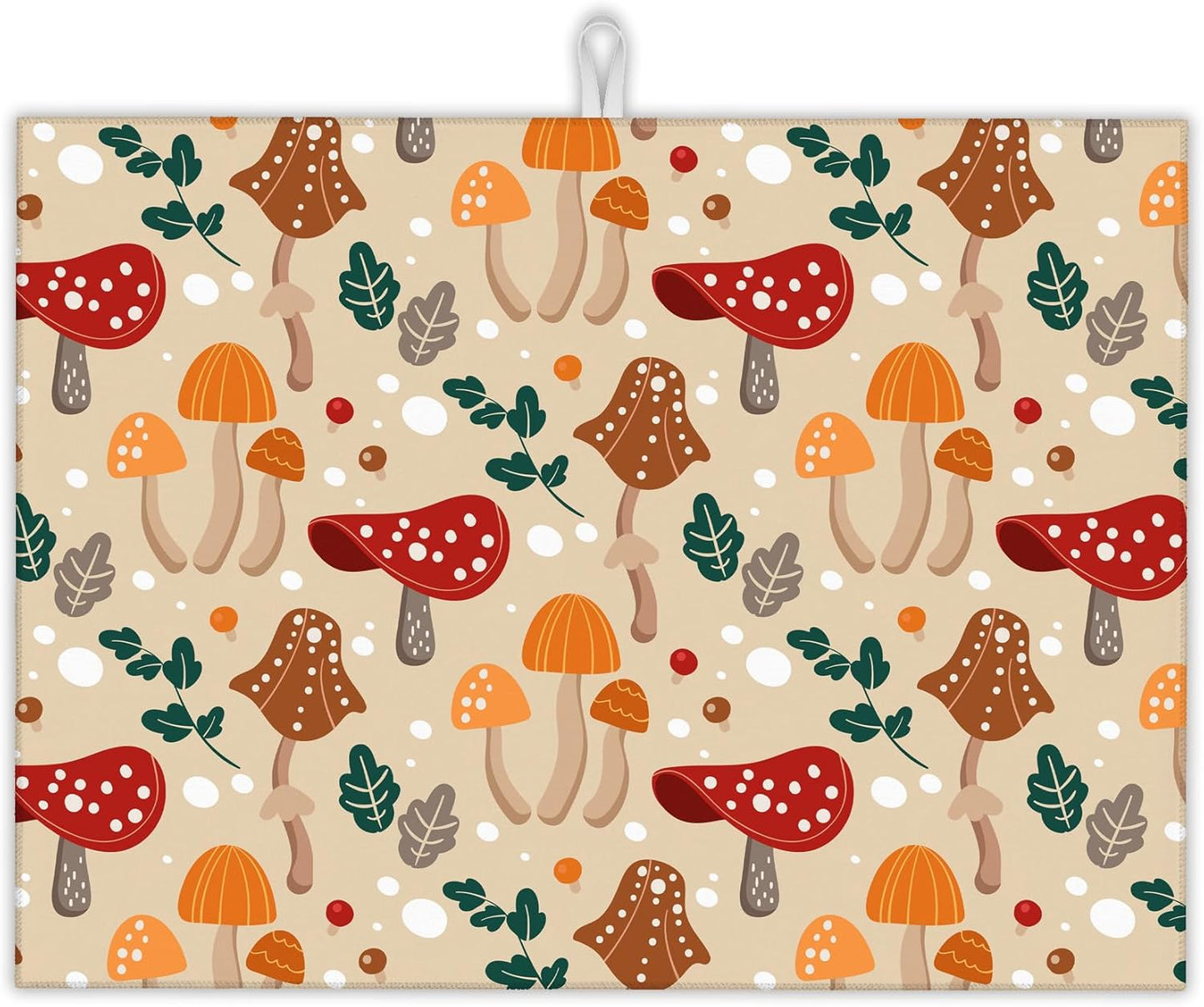 Funny Mushrooms Dish Drying Rack Mats Decor,Green Leaves Dish Pad Drying Mat Kitchen Counter 18x24 Inch Absorbent Reversible Microfiber for Coffee Bar Sink Countertop