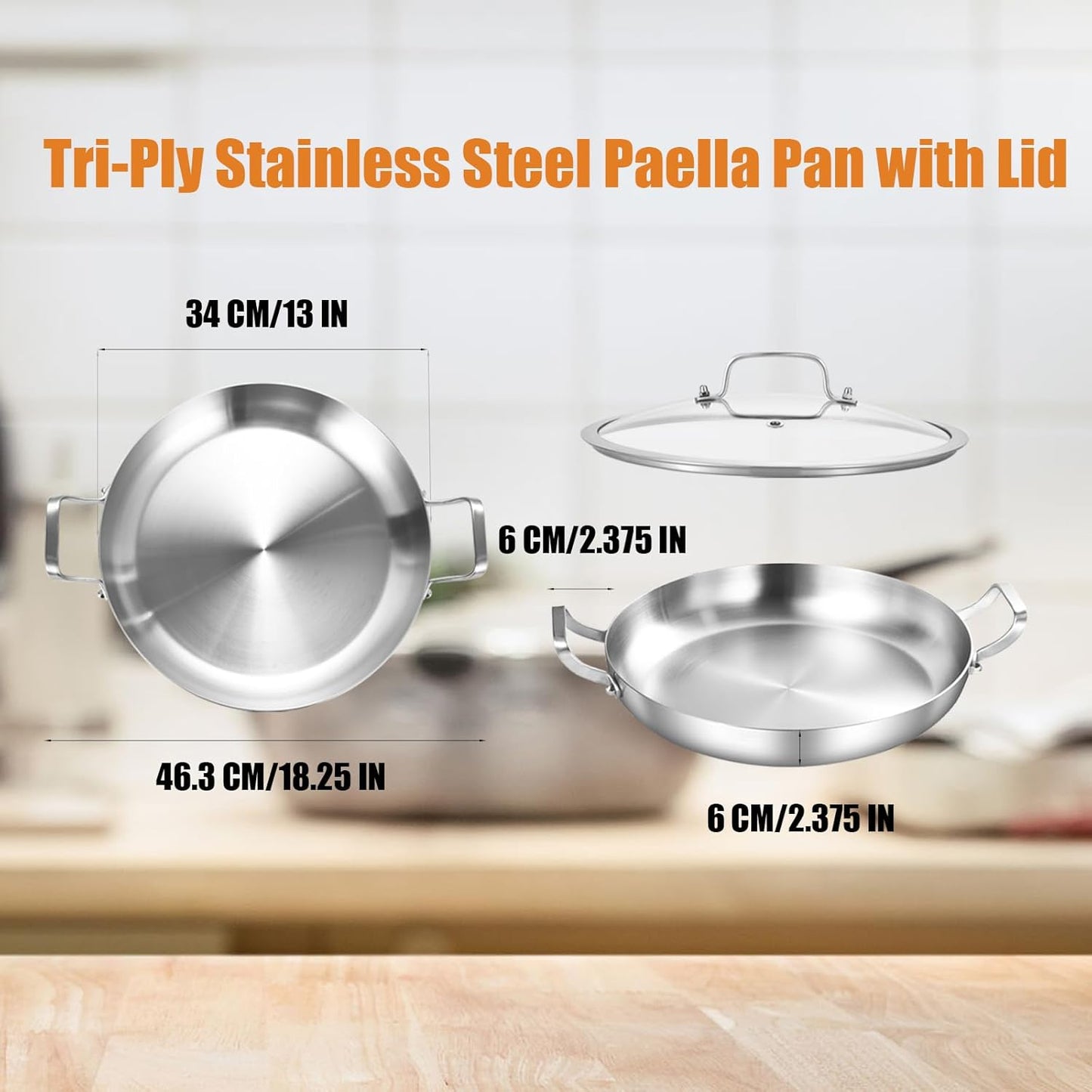 Inqibee 13-Inch Tri-Ply Stainless Steel Paella Pan with Lid,Griddle,Large Skillet,Induction Cooking Pan,Dishwasher and Oven Safe