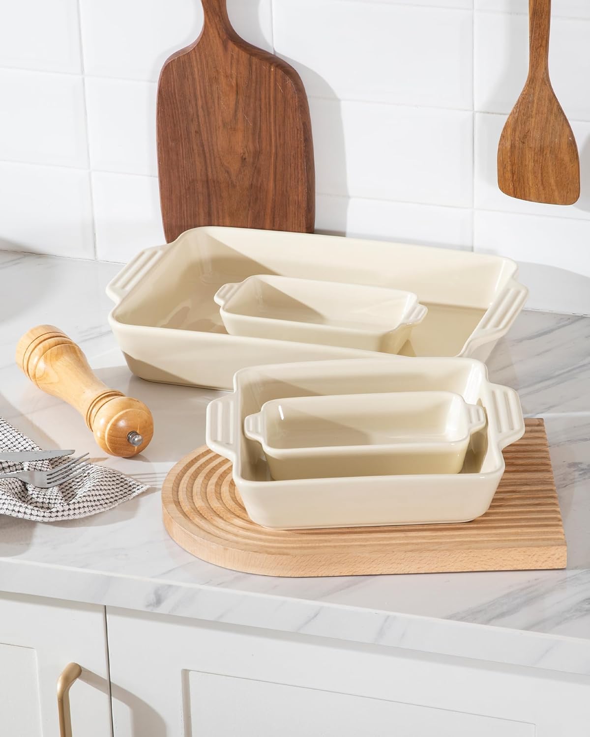 Sweejar Ceramic Bakeware Set of 4, Casserole Dishes for Oven, Rectangular Baking Dish with Handles, Lasagna Pans Deep for Cooking, Gratin, Roasting, Banquet and Daily Use (Beige)