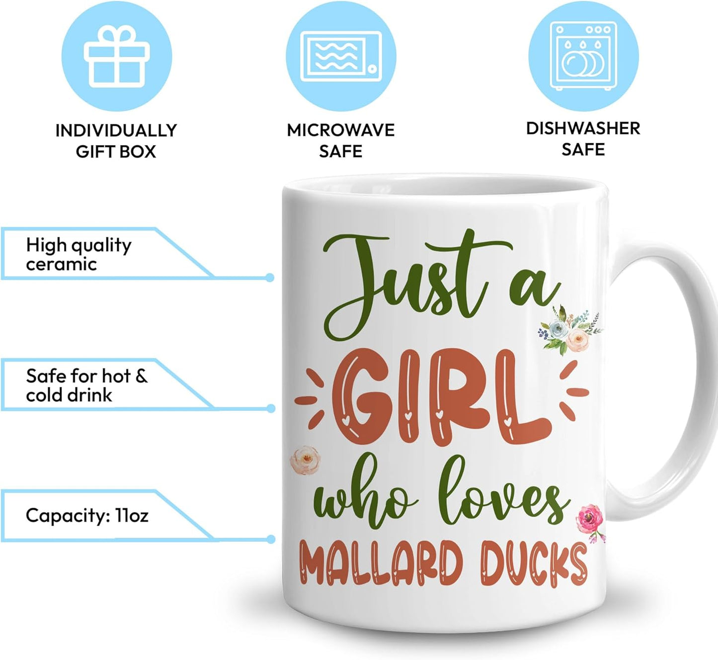 Hyturtle Personalized Gifts Mallard Duck Lover - Just A Girl Who Loves Mallard Ducks Custom Name Ceramic Coffee Mug Cup 11oz - Idea Cute Animal Lover Gifts For Women, Girl On Birthday, Christmas