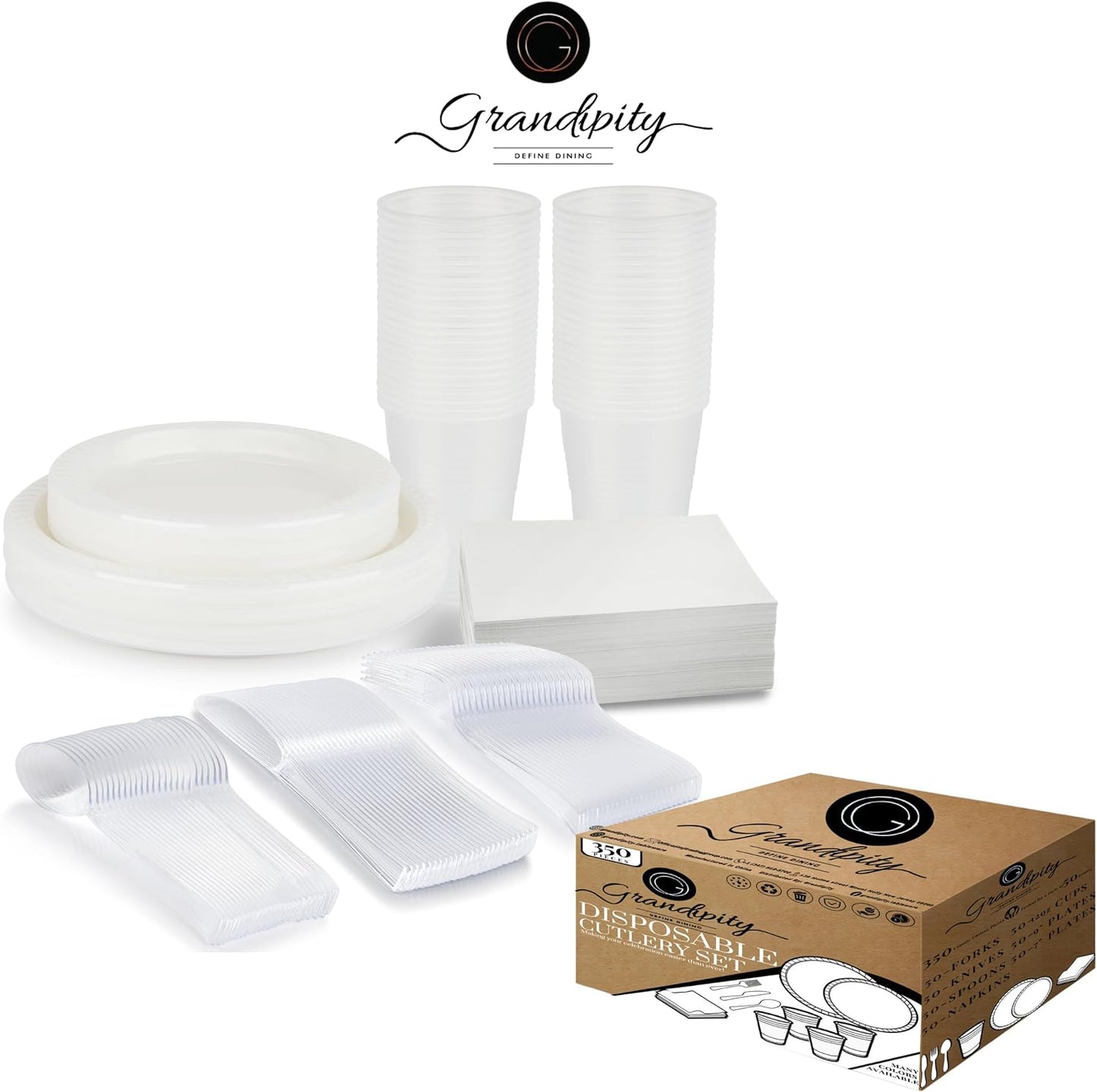 350 Piece Frost & Clear Disposable Dinnerware Set 50 Guests, Plastic Party Plates And Cups And Napkins Sets - 50 Count 9" Dinner Plates, 7" Dessert Plates, 12oz Cups, Paper Napkins,Forks-Knives-Spoons