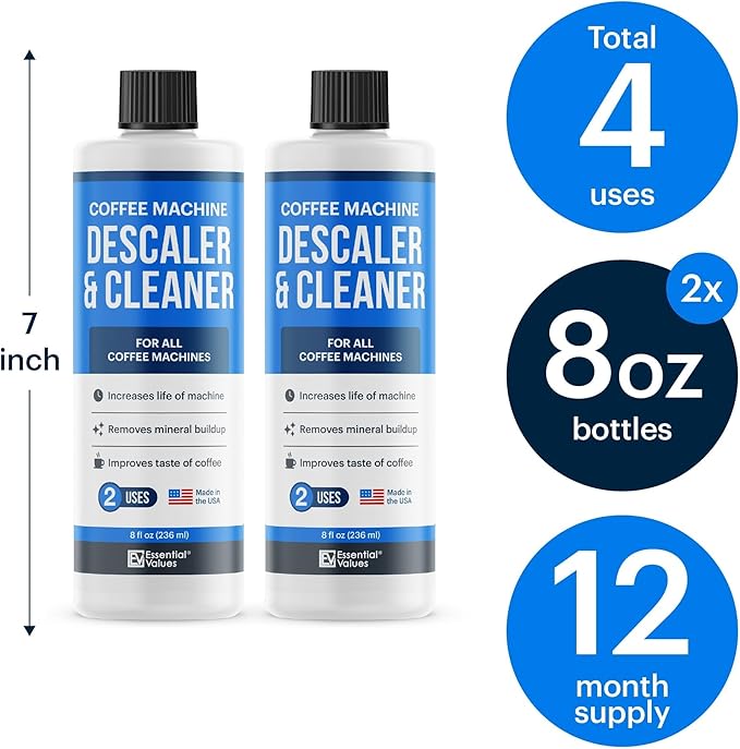 Essential Values Descaling Solution for Delonghi Keurig Breville Nespresso (4 Uses) - Coffee Machine Descaler Cleaner - Liquid To Descale Automatic Coffee Makers & Espresso Machines