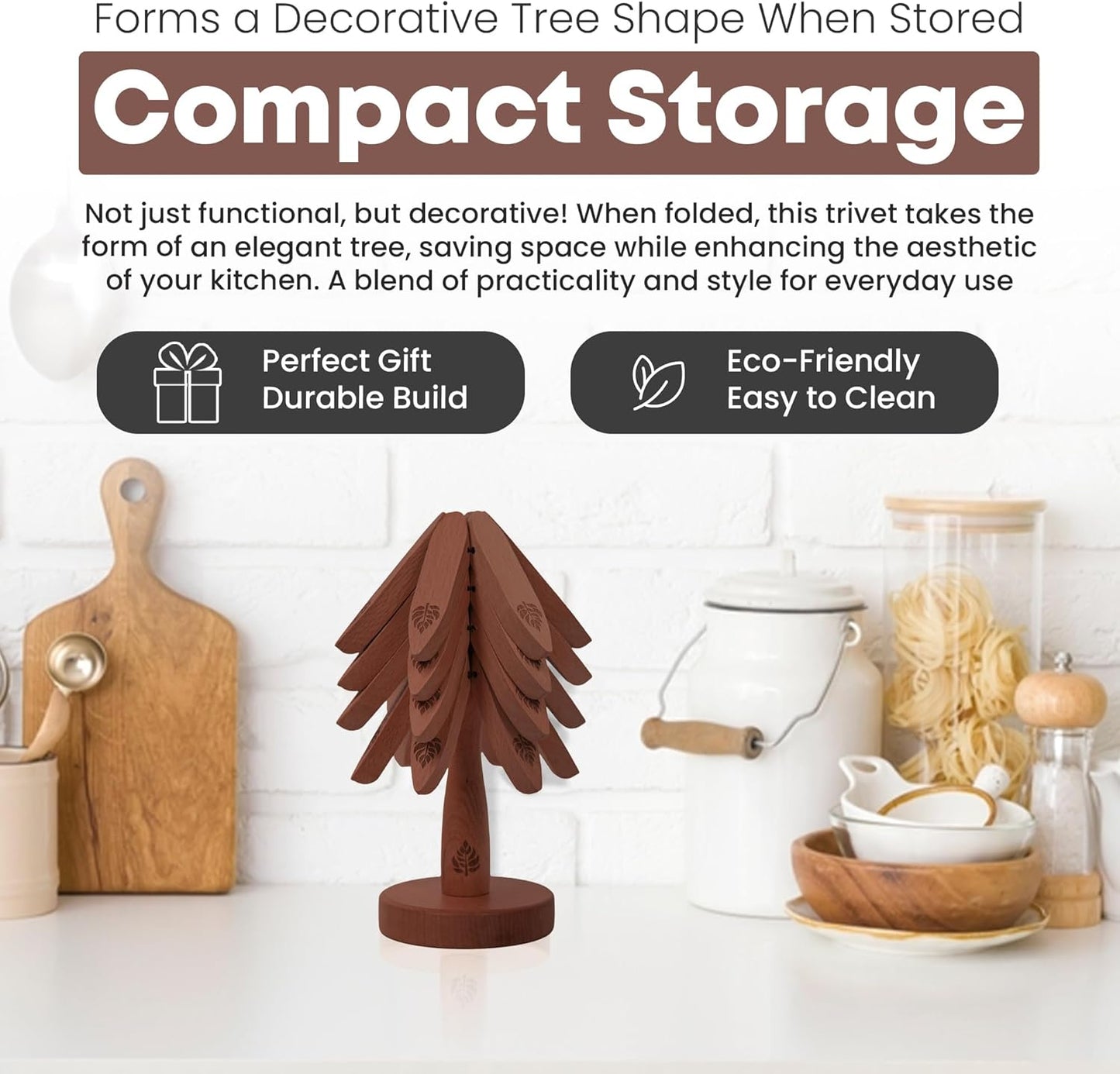 Expandable Wooden Trivets & Coaster Set for Hot Dishes Tree-Shaped Trivet Set – 4 Expanding Trivets + 1 Stand – Heat-Resistant Kitchen Decor for Pots, Bowls, Coffee & Teapots