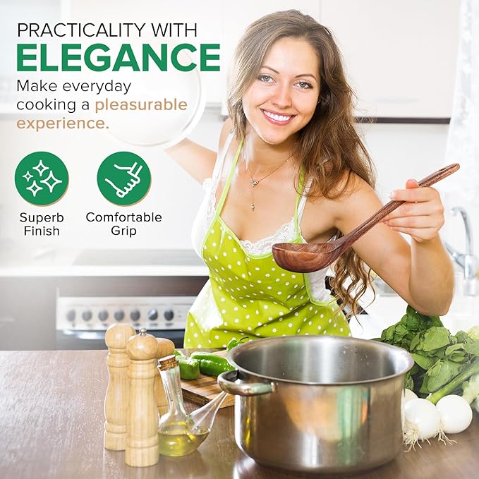 Wooden Soup Spoon for Cooking, Teak Acacia Soup Ladle, Non-Toxic Natural Wood Serving Spoon for Gravy Sauce Porridge, Long Handle Deep Scooper Server Utensil, No-Scratch Cookware Surface,10.6″