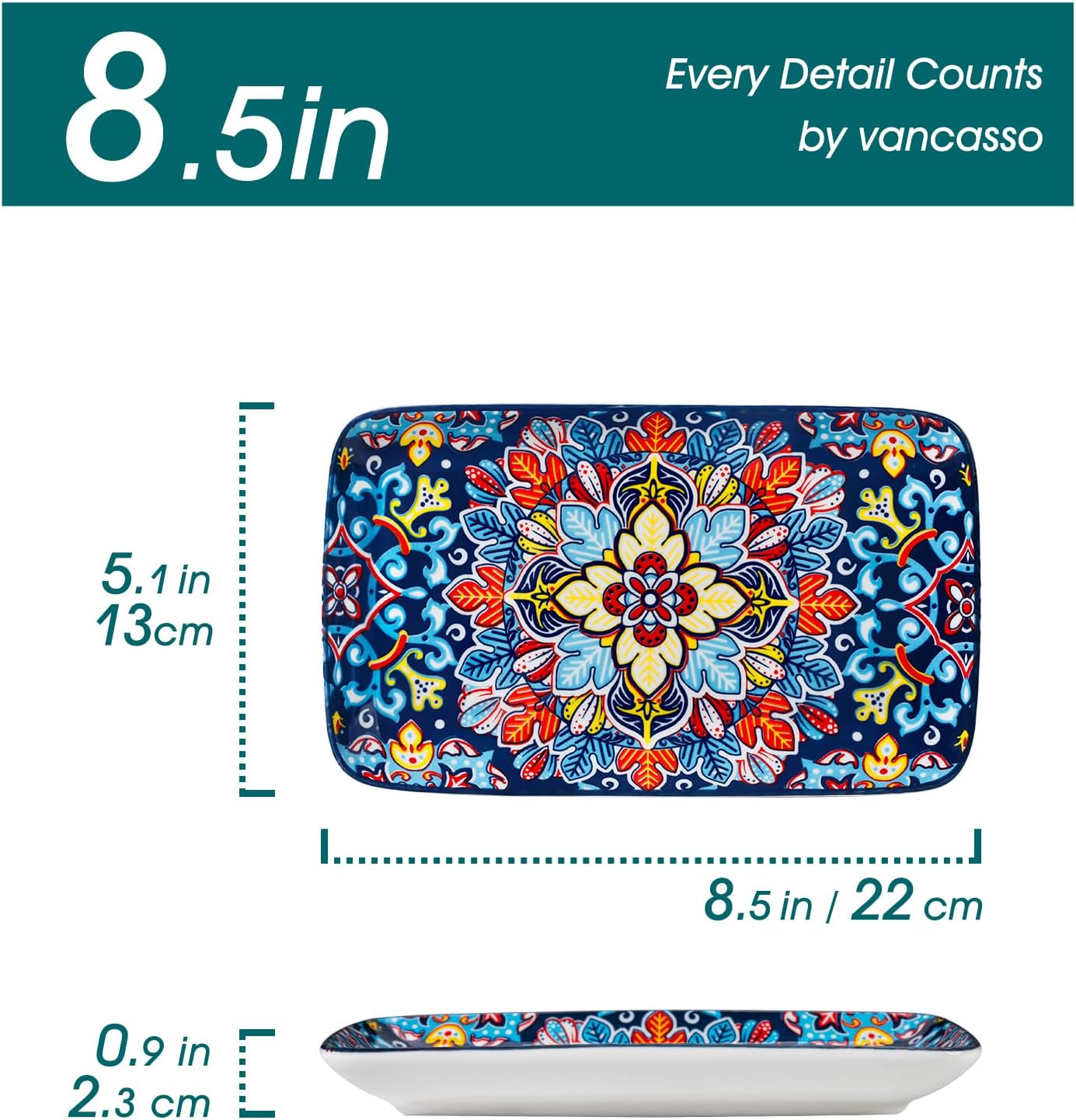 vancasso Simi 6-Piece Ceramic Salad Plates Set - 8.5 Inch, Rectangular Dessert Plates for Sushi, Appetizer, Cake - Microwave & Oven Safe, Porcelain Plates for Kitchen Decor