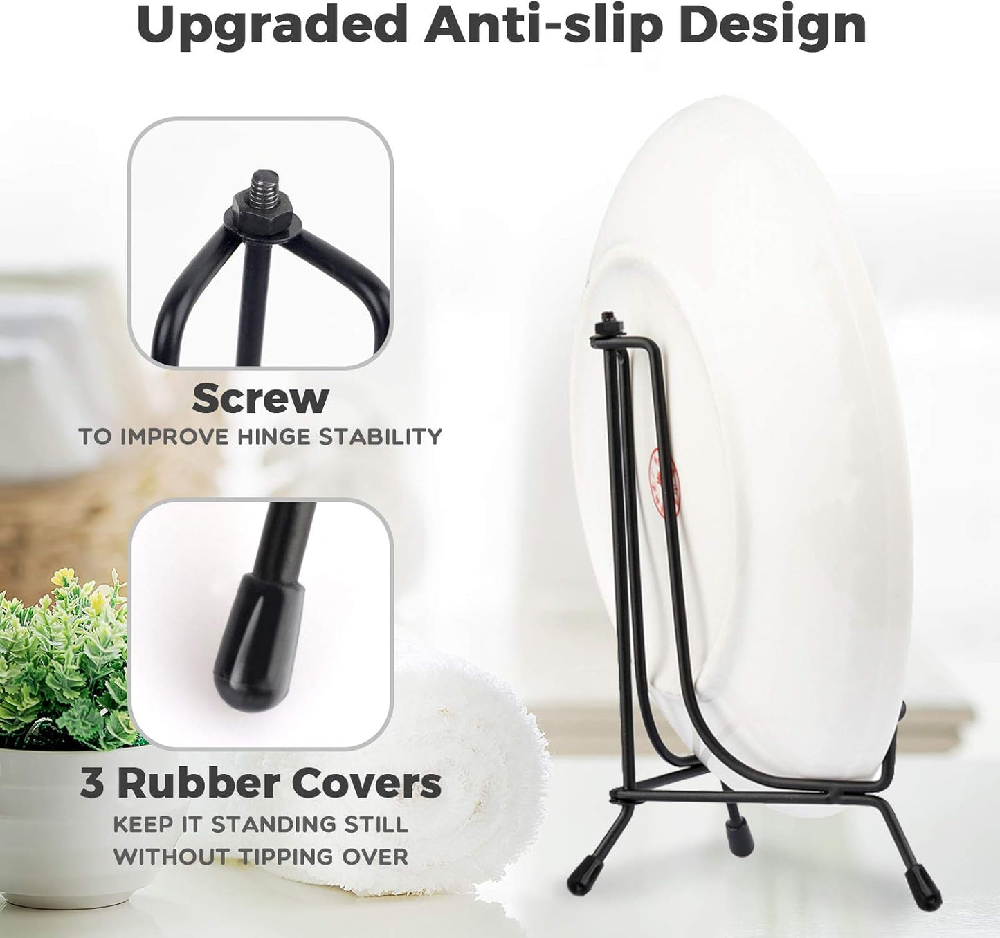 Mocoosy 4 Pack Improved Anti-Slip Plate Stands for Display, 6 Inch Plate Holder Display Stand, Picture Frame Holder Stand, Black Iron Easel Stands for Photo, Decorative Plate and Tabletop Arts