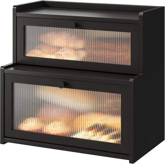 FILWH Bread Box for Kitchen Countertop Double Layer Large Corner Bread Box Capacity Bread Storage Bin Farmhouse Breadbox Container Organizer Cabinet Cupboard Black