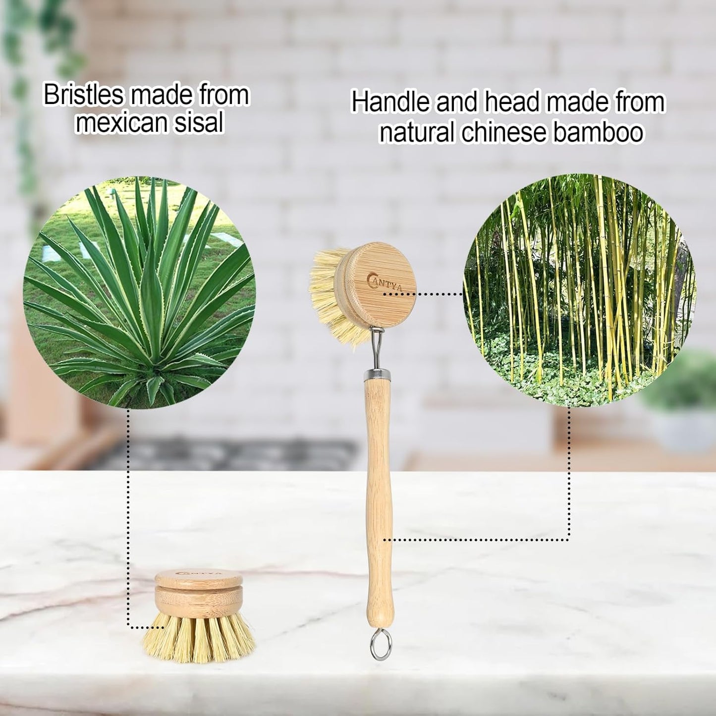 Bamboo Dish Brush with Handle - 4 Replacement Heads, Non Toxic Dish Scrubber Compostable & Sustainable, Scrub Brush for Cleaning Kitchen Utensils(Soft Bristles)