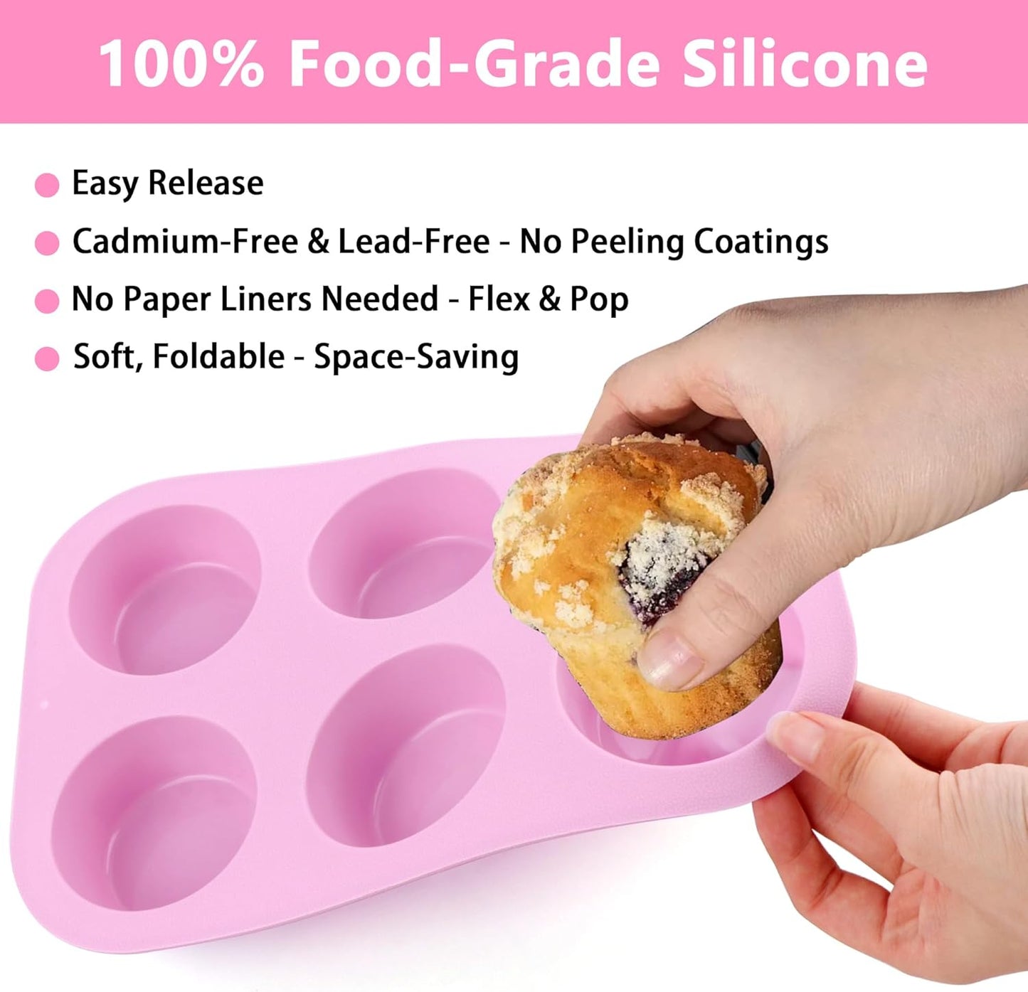 3-Pack 6-Cup Silicone Muffin Pans, Nonstick Cupcake Baking Molds, Muffin Cupcake Pans Molds for Baking, BPA/PFA-Free, Dishwasher & Oven Safe - Pink