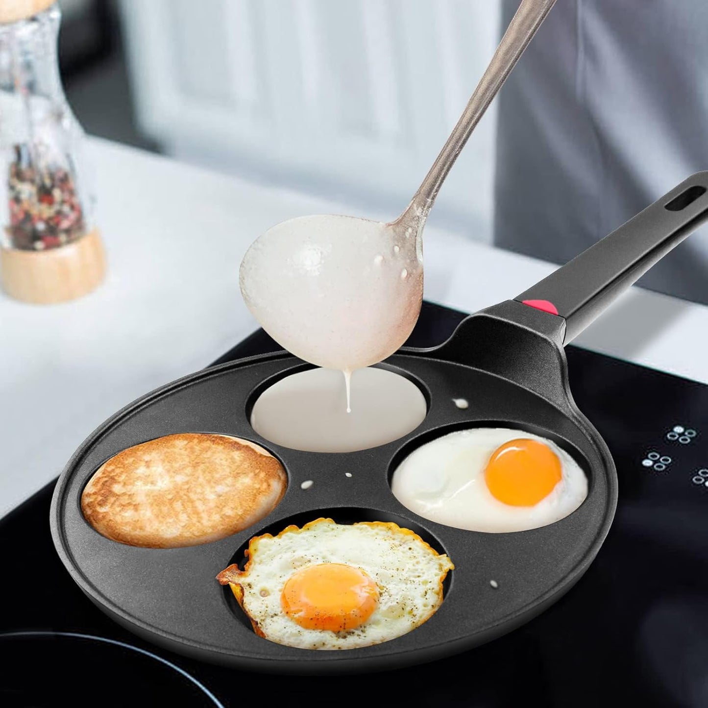 Pancake Pan Nonstick-Suitable for All Stovetops & Induction Cooker, 10.5 Inch Mini Silver Dollar Grill Blini Griddle Crepe Pan, 4 Molds Cake Egg Skillet, 100% PFOA Free Coating