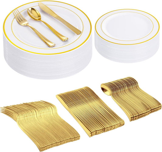 I00000 300 Pcs Gold Plastic Plates with Silverware, White and Gold Plastic Dinnerware Set for Party include: 60Dinner Plate 10.25", 60Dessert Plate 7.5", 60 Silverware Sets for christmas