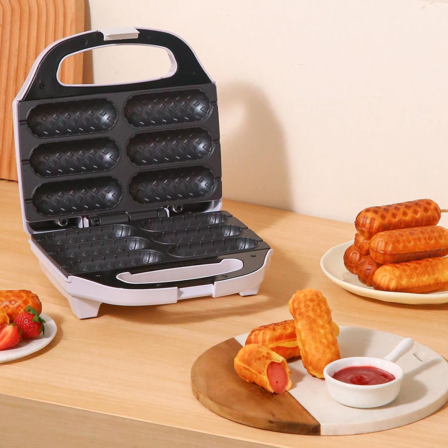 Corn Dog Waffle Maker, Hot Dog Waffle Machine with Non-stick Coating Plate, Hot Dog Maker Toaster Make 6 Corn Dogs, Corn Dog Waffle Machine Make Corn Dog in Minutes, Easy to Clean, White