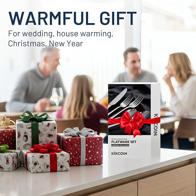 KIKCOIN 30 Pack Silverware Set for 6, Balanced Weight Stainless Steel Flatware Set, Mirror Polished Spoons And Forks Knife Set, Heavy Duty Cutlery Utensils Set for Home Kitchen Restaurant Wedding