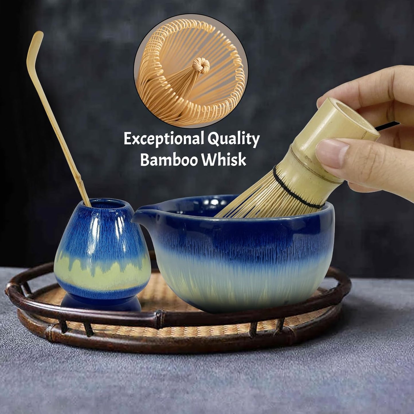 Matcha Whisk Set 6 pc Kit - Traditional Japanese Chasen, Bamboo Whisk Holder, Ceramic Bowl with Spout, Sifter & 2 pc Spoons - matcha kit set, Gift for Matcha Tea Lovers (Gradient Blue)