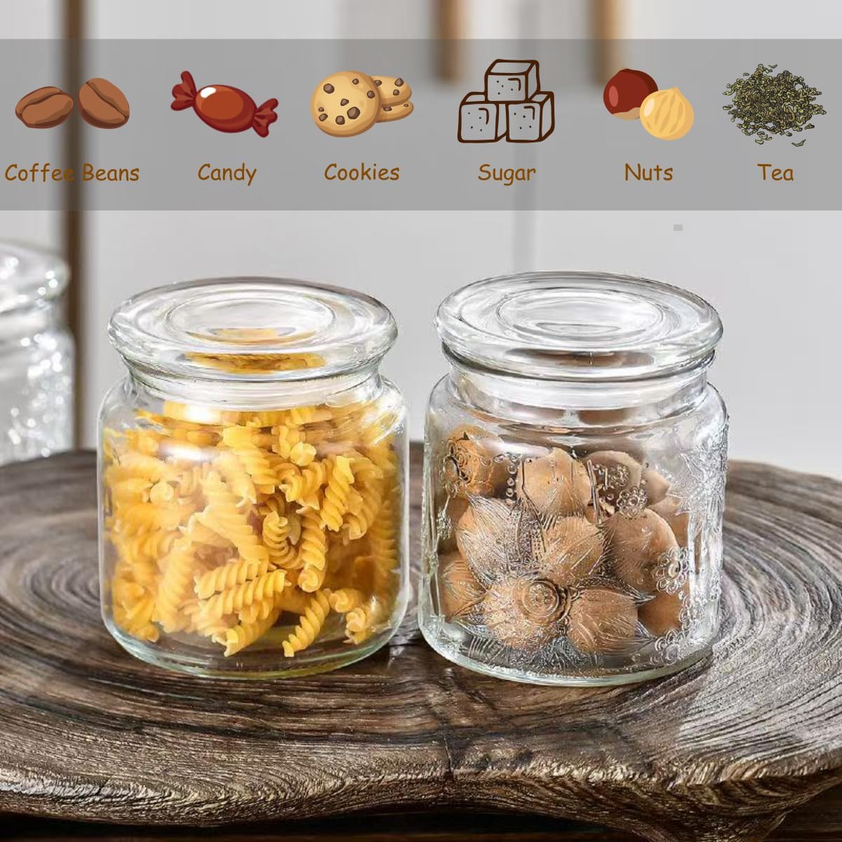 ANSQU Airtight Small Square Glass Jars with Lids, 17oz Food Storage Jar Clear Storage Container with Glass Lid for Kitchen Canning, Cereal, Sugar, Beans, Spice, Mason Jars