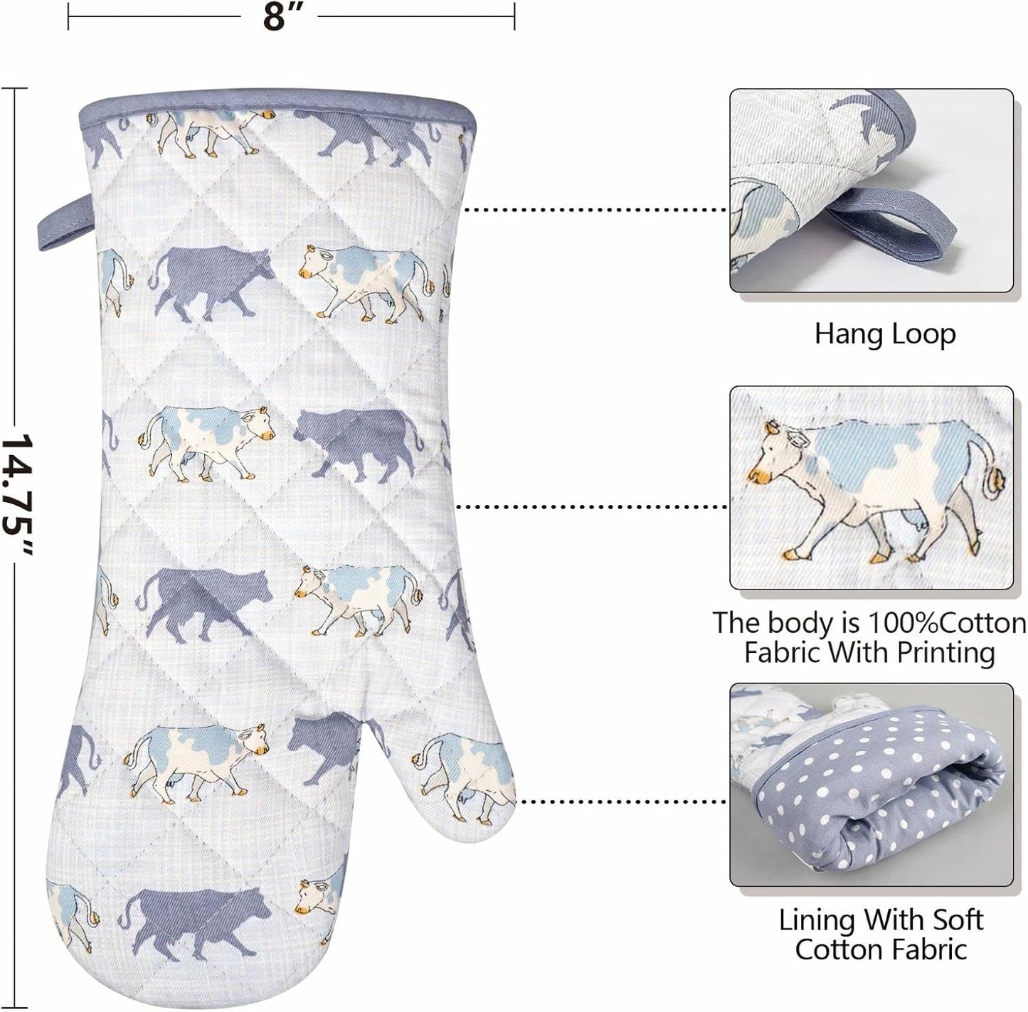 Oven Mitts Cotton Fashion Cute Cow Design 1pair Heat Resistant Oven Gloves Safe Cooking Baking Grilling Barbecue Machine Washable Pot Holders (Cow)