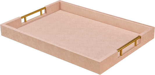 14x20 Inches Champagne Faux Leather Wrapped Wood Serving Tray with Metal Handles for Various Occasions, Ottoman, Home Decorative, Living Room, Coffee Table Organizer, Serving Breakfast On Bed