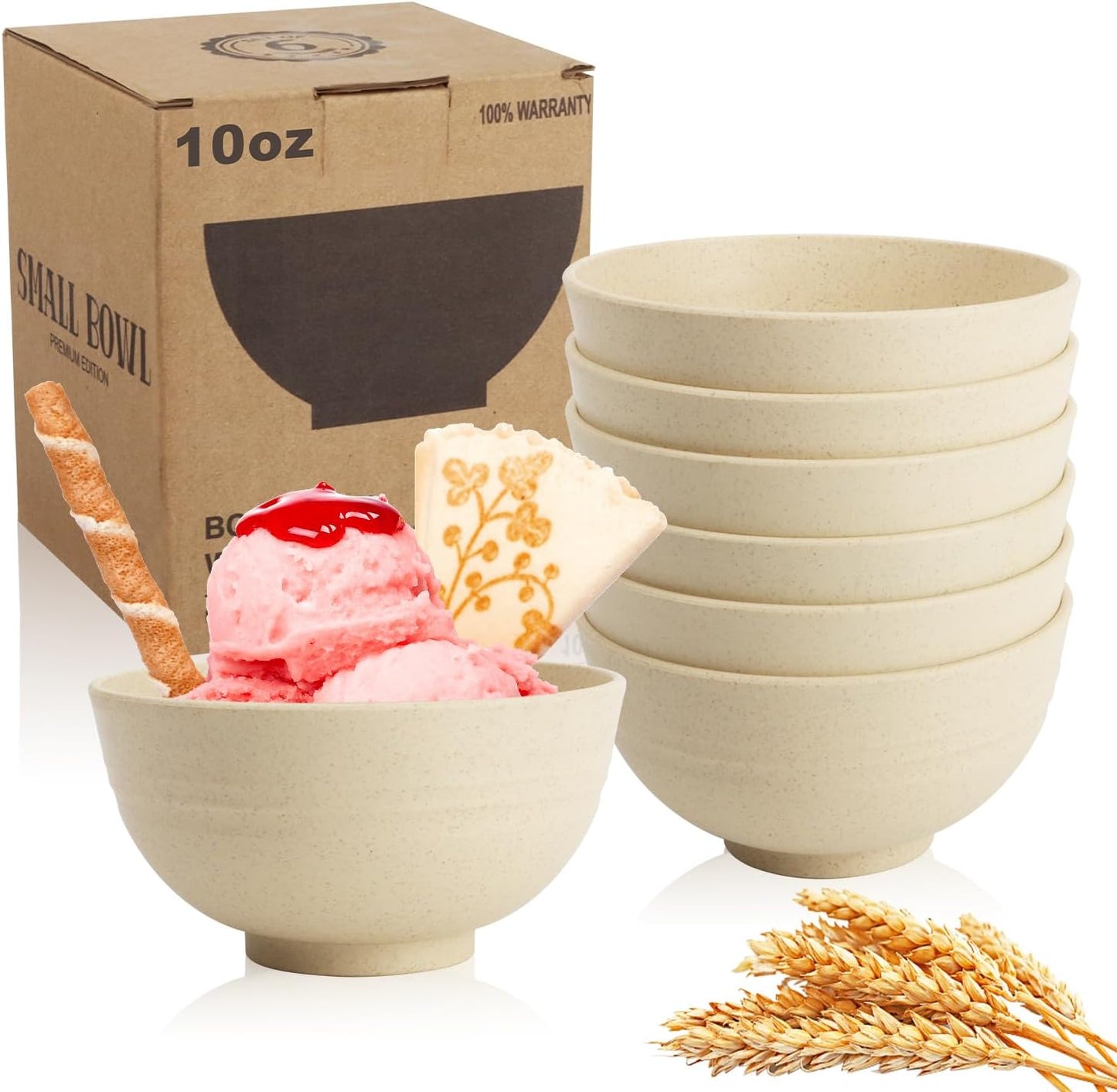 Wrova Small Wheat Straw Bowls Sets of 6,Dishwasher Safe and Microwave Safe Snack Bowls 10oz,Alternative Handy Plastic Bowls Reusable for Snack and Ice Cream.Beige Series