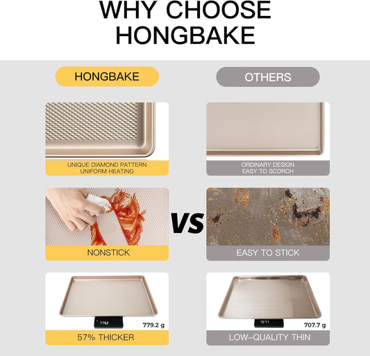Half Cookie Sheet Pan for Baking - HONGBAKE Nonstick Baking Sheet with Diamond Texture Surface, 57% Thicker Carbon Steel Commercial Cookie Trays for Oven