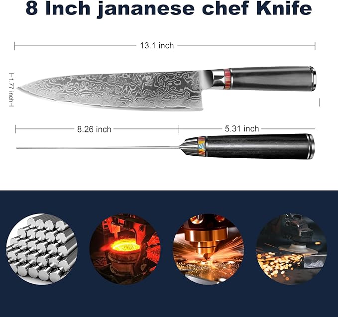 8" Damascus Chef Knife - 67-Layer Hand-Forged Blade, NSF Certified, Pakkawood Handle, Gift Box (62 HRC)