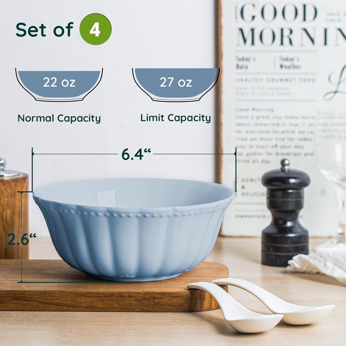 Ceramic Soup Serving Bowls for Kitchen, 6.4 Inch, Set of 4, Cereal Bowl Porcelain, Oven & Microwave Safe, Blue