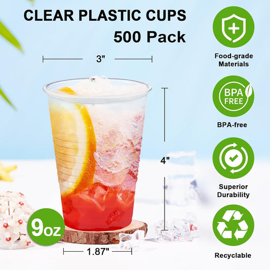 500 Pack 9 oz Plastic Cups, Disposable Drinking Cups, Water Cups Plastic Clear Cups for Party, Wedding, Graduation, Travel, Holiday, Events, Birthday,Cold,Hot