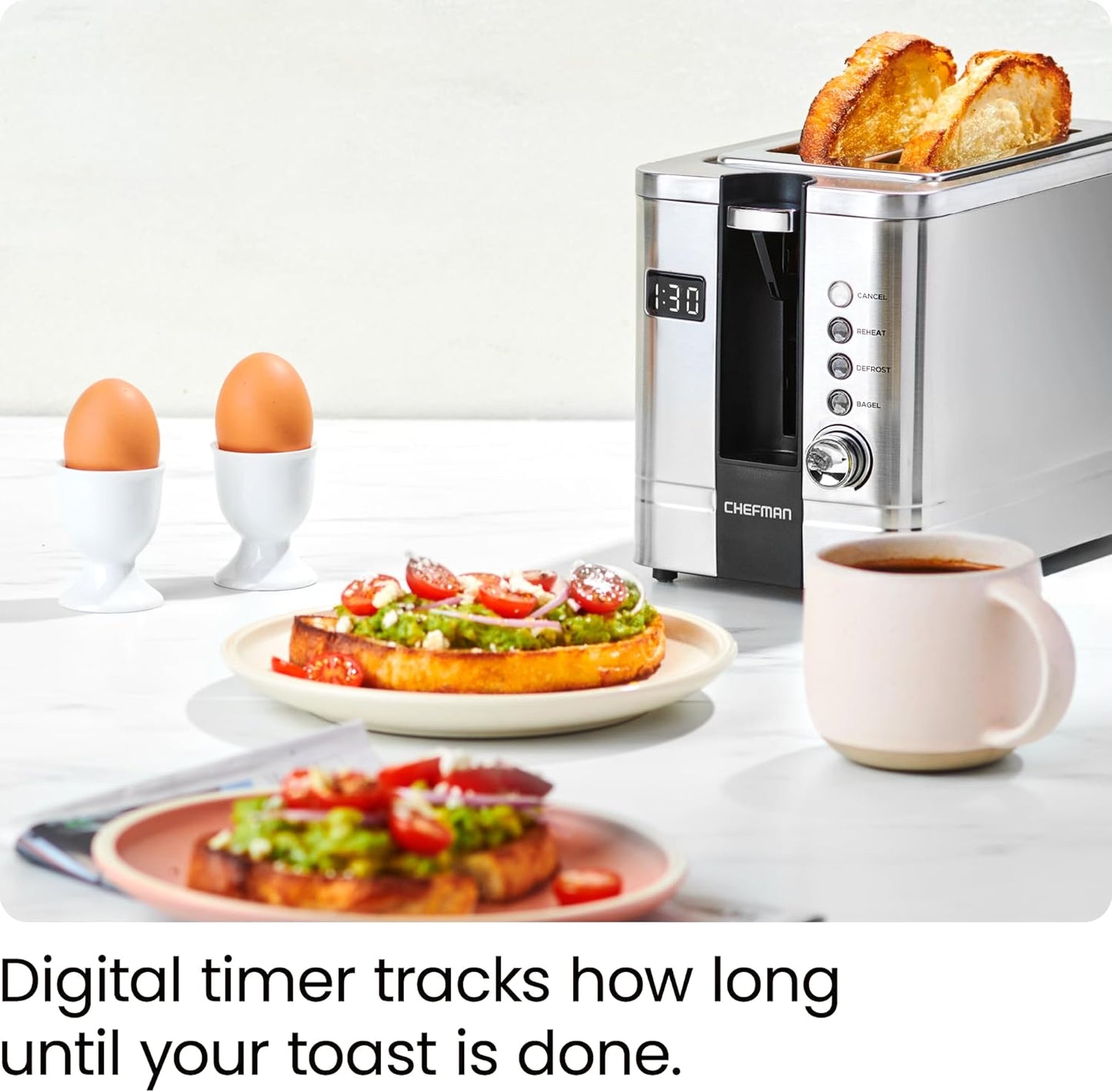 Chefman 2-Slice Digital Toaster, Pop-Up, Stainless Steel, Extra-Wide Slots For Bagels, Defrost, Reheat, Cancel Functions, Removable Crumb Tray