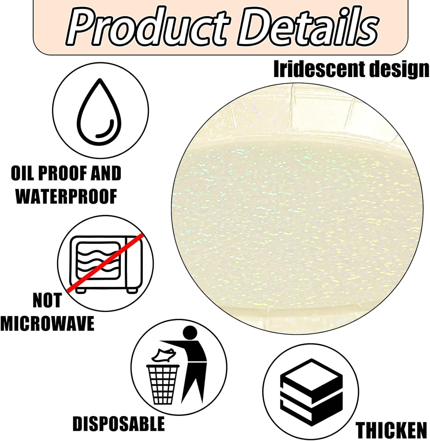 50 Pcs Iridescent Ivory Paper Plates 25 × 7'' and 25 × 9'' Disposable Ivory Shiny Holographic Foil Dinner Plates for Wedding Baby Shower Birthday Disco Party Glitter Dessert Plate