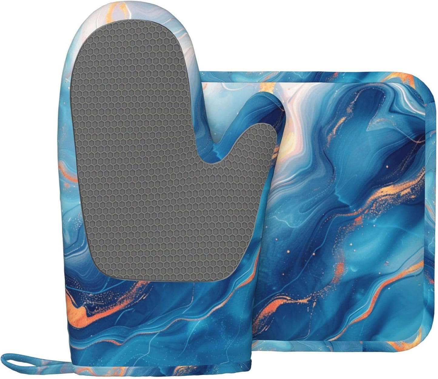 Oven Mitts and Pot Holders Blue Gold Marble Silicone Kitchen Accessories Set of 2 Heat Resistant Long Gloves Potholder Non-Slip Grip for Chef Cooking Baking Grilling BBQ