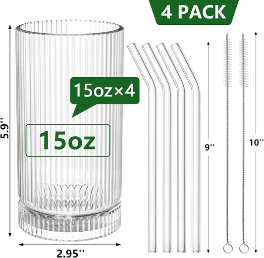 15 Oz Glass Cups with Straws, Vintage Glassware for Whiskey Cocktail Beer, Iced Coffee Cups and Drinking Glassare (4 PACK)