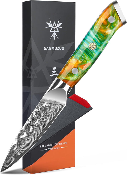 3.5 Inch Paring Knife - Fruit and Vegetable Peeling Knives, Forged Damascus Steel & Resin Handle - Yao Series