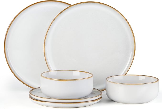 E-far Plates and Bowls Set for 2, 6-Piece Stoneware Dinnerware Sets, Ceramic Dinning Ware Reactive Glaze Dishes Set, Microwave & Dishwasher Safe - Seashell White