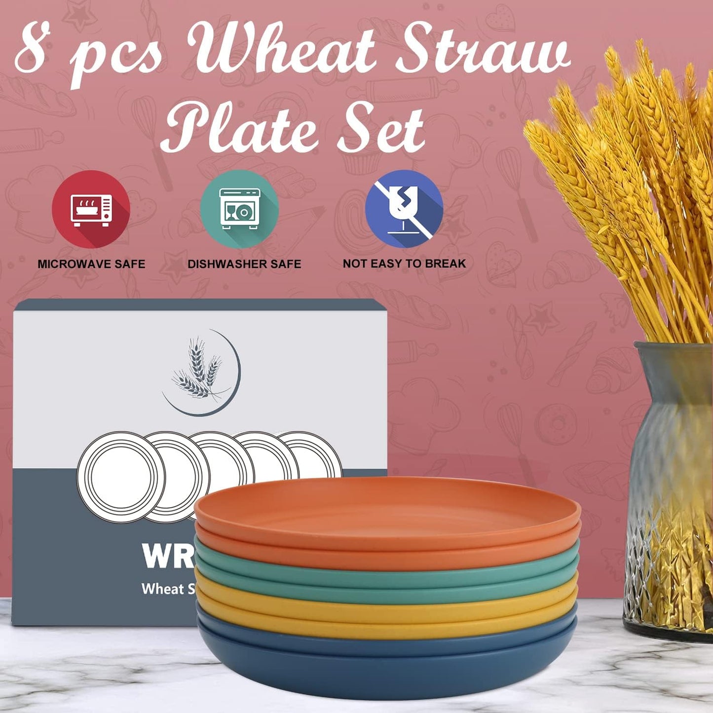Wrova Wheat Straw Plates - 8 Inch Unbreakable Dinner Plates Set of 8 - Dishwasher & Microwave Safe Plastic Plates Reusable - Lightweight Plate for kitchen,R.V. (Colorful Series)