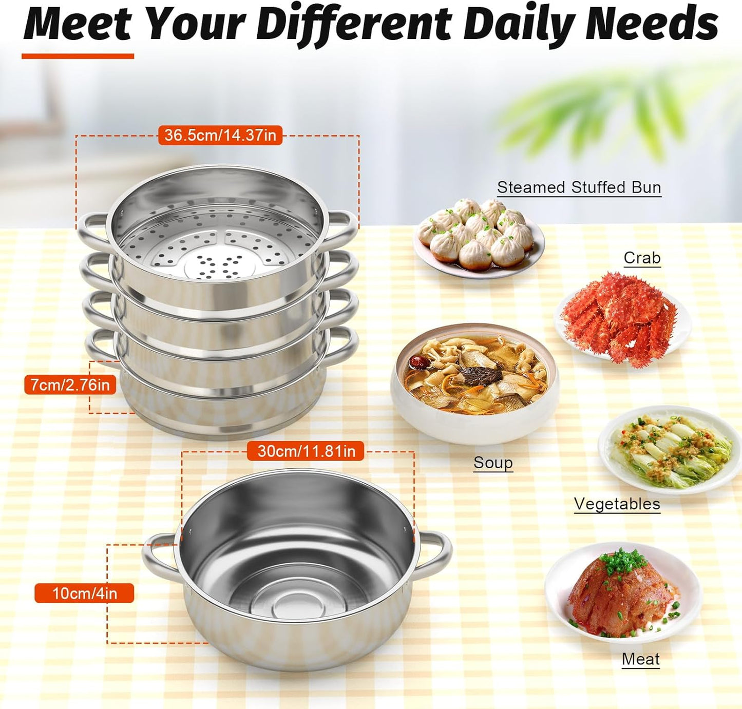 5 Tier Stainless Steel Steamer Cookware Pot with Glass Lid - 26/28/30cm for Home & Restaurant