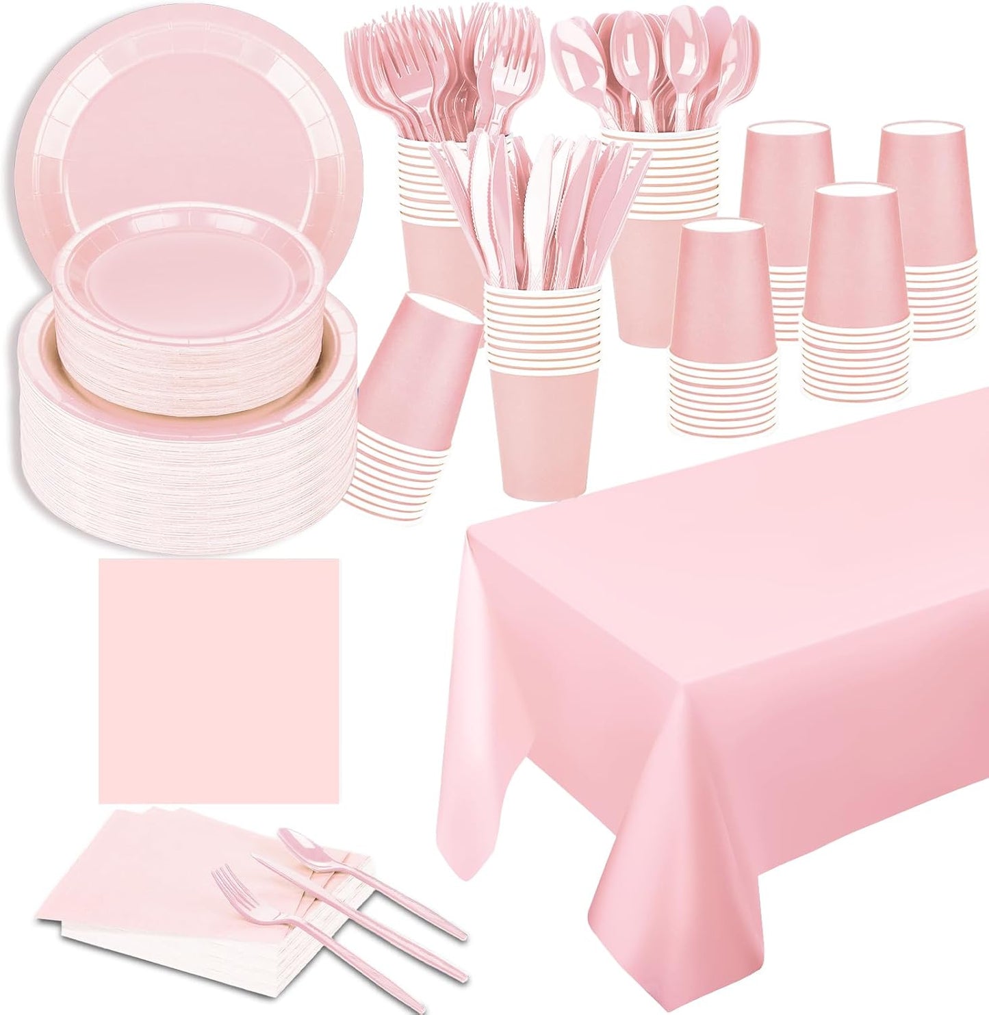 TWOWYHI 229PCS Pink Party Supplies Set Paper Disposable Plates Cups Plastic Spoons Forks Knives Pink Napkins for 30 Guests Disposable Party Dinnerware Sets for Wedding Birthday Parties