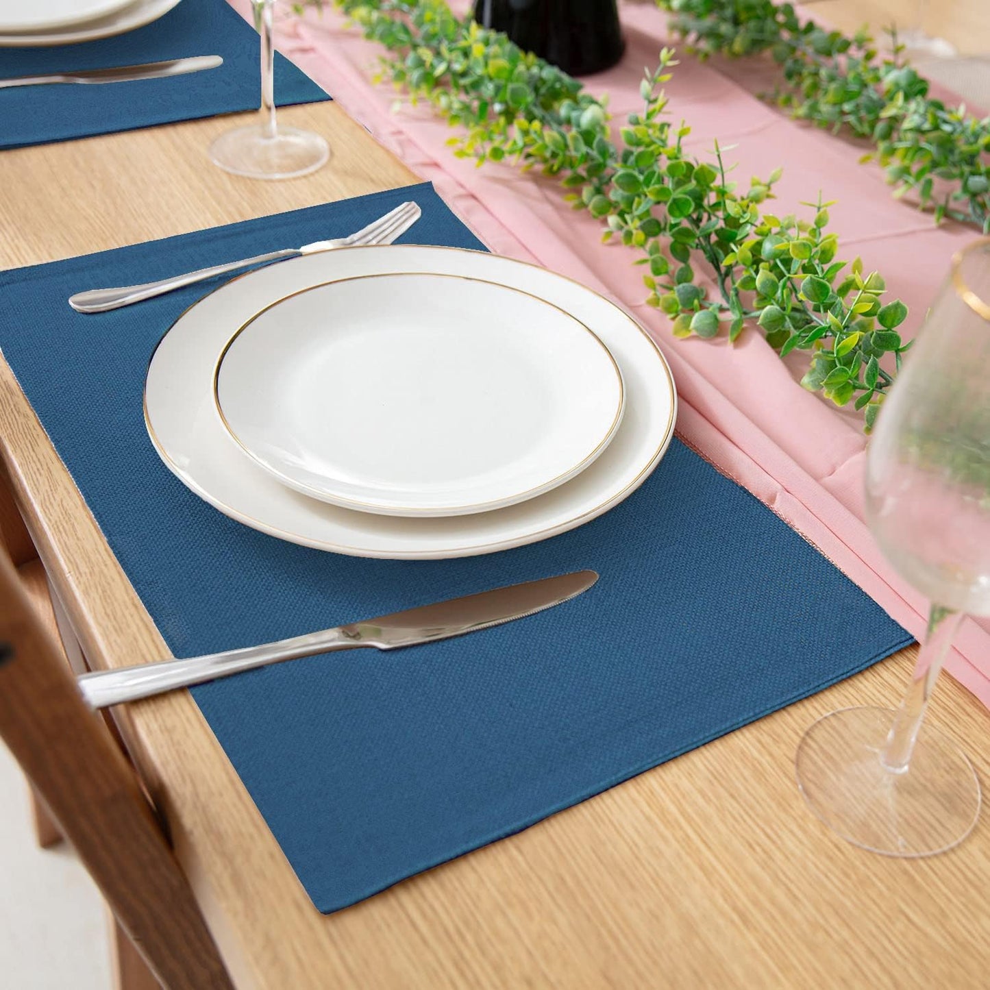 Cloth Navy Blue Placemats Set of 8, Linen Type Fabric Placemats Machine Washable Heat Resistant Placemats Polyester Place Mats for Halloween, Thanksgiving and Christmas Dining Table (Navy Blue)