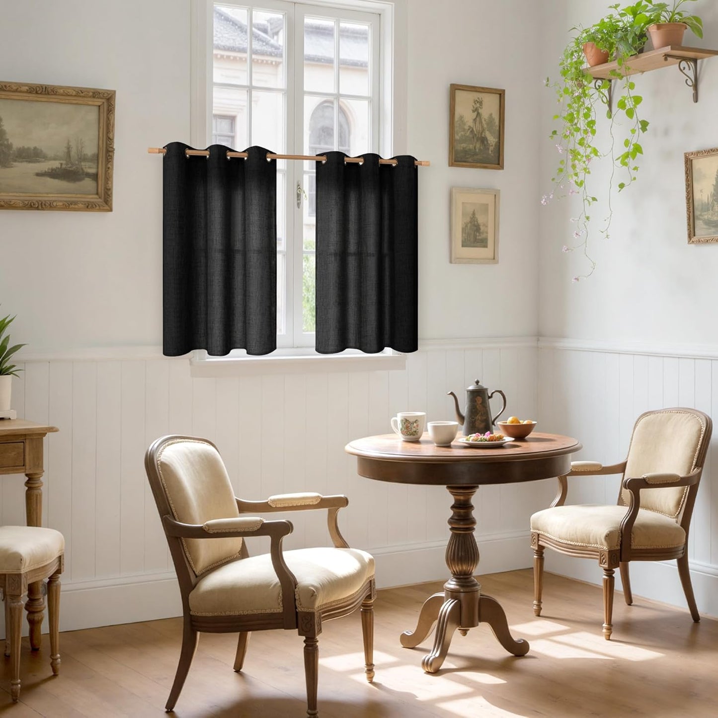 YoungsTex Black Linen Curtains 40 Inch Length for Kitchen Cafe Window, Short Semi Sheer Drapes with Bronze Grommet Textured Privacy for Bedroom Bathroom, 42 x 40 Inch, 2 Panels
