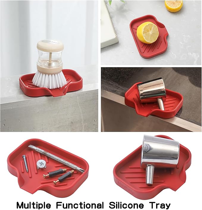 Silicone Bathroom Soap Dishes with Drain Spout-Bathroom and Kitchen Sink Organizer,Sponge Holder,Dish Soap Tray,Perfect for Dispenser,Scrubber,Bottle,Cup on Sink or Counter-Red 4.9"×3.2"