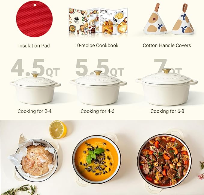 Overmont Enameled Cast Iron Dutch Oven - 5.5QT Pot with Lid Cookbook & Cotton Potholders - Heavy-Duty Cookware for Braising, Stews, Roasting, Bread Baking Cream White