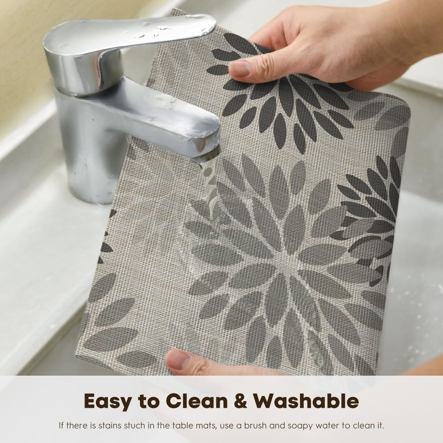 Artoid Mode Floral Vinyl Plastic Placemats Set of 4, 12x18 Inch Washable Non-Slip PVC Place Mats for Party Kitchen Dining Decor, Grey