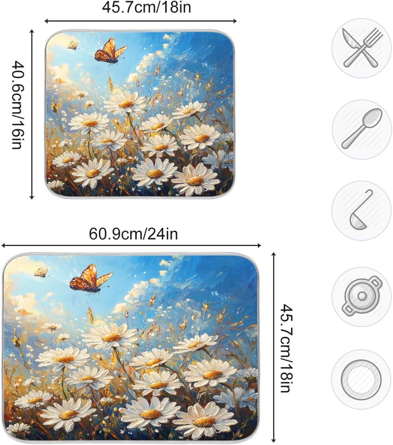 Daisies and Butterfly Painting Dish Drying Mat for Kitchen Counter Super Absorbent Dishes Pad Reversible Microfiber Protector Dish Draining Mats 16x18 inch
