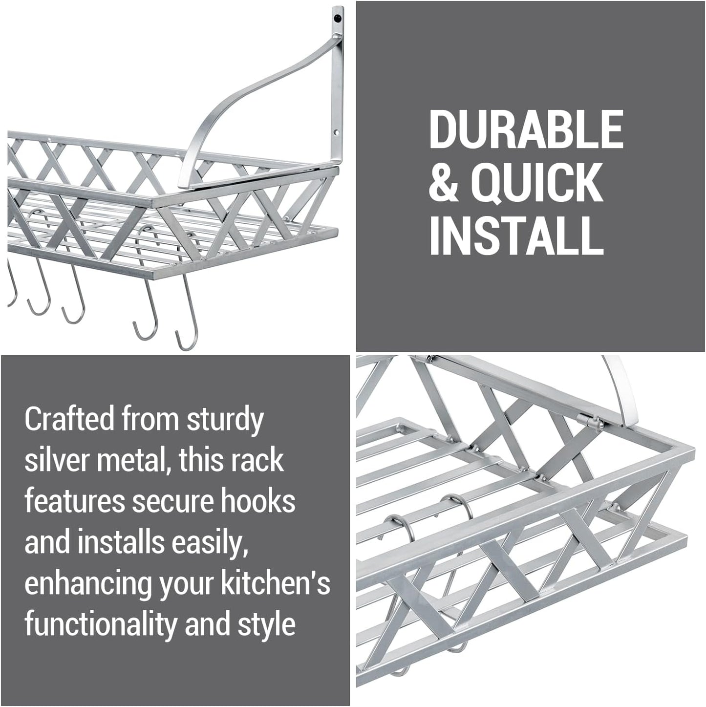 MyGift Wall Mounted Silver-Tone Metal Hanging Kitchen Pots, Pans and Utensils Storage Cookware Rack with 12 Removable S-Hooks and Top Display Shelf for Condiments Spice Rack