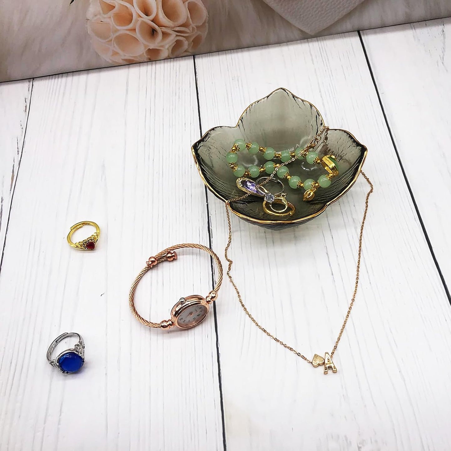 Small Ring Dish, Flower Jewelry Dish Tray, Vanity Glass Jewelry Tray, Room Nightstand Decor Jewelry Bowl, Wedding Engagement Ring Holder for Women, Bathroom Ring Bowl Trinket Dish, Gift