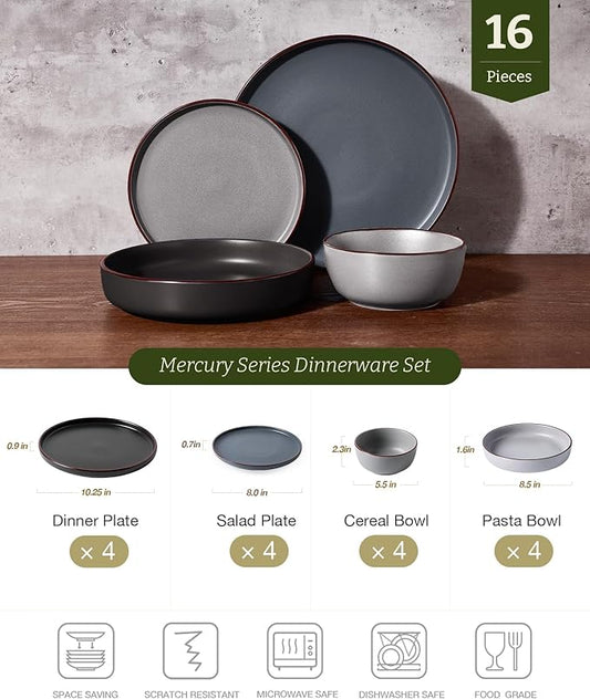 Famiware Mercury Dinnerware Sets with Pasta Bowls, Service for 4 (16 Pieces), Plates and Bowls Sets, Microwave and Dishwasher Safe Dishes Set, Multi-color