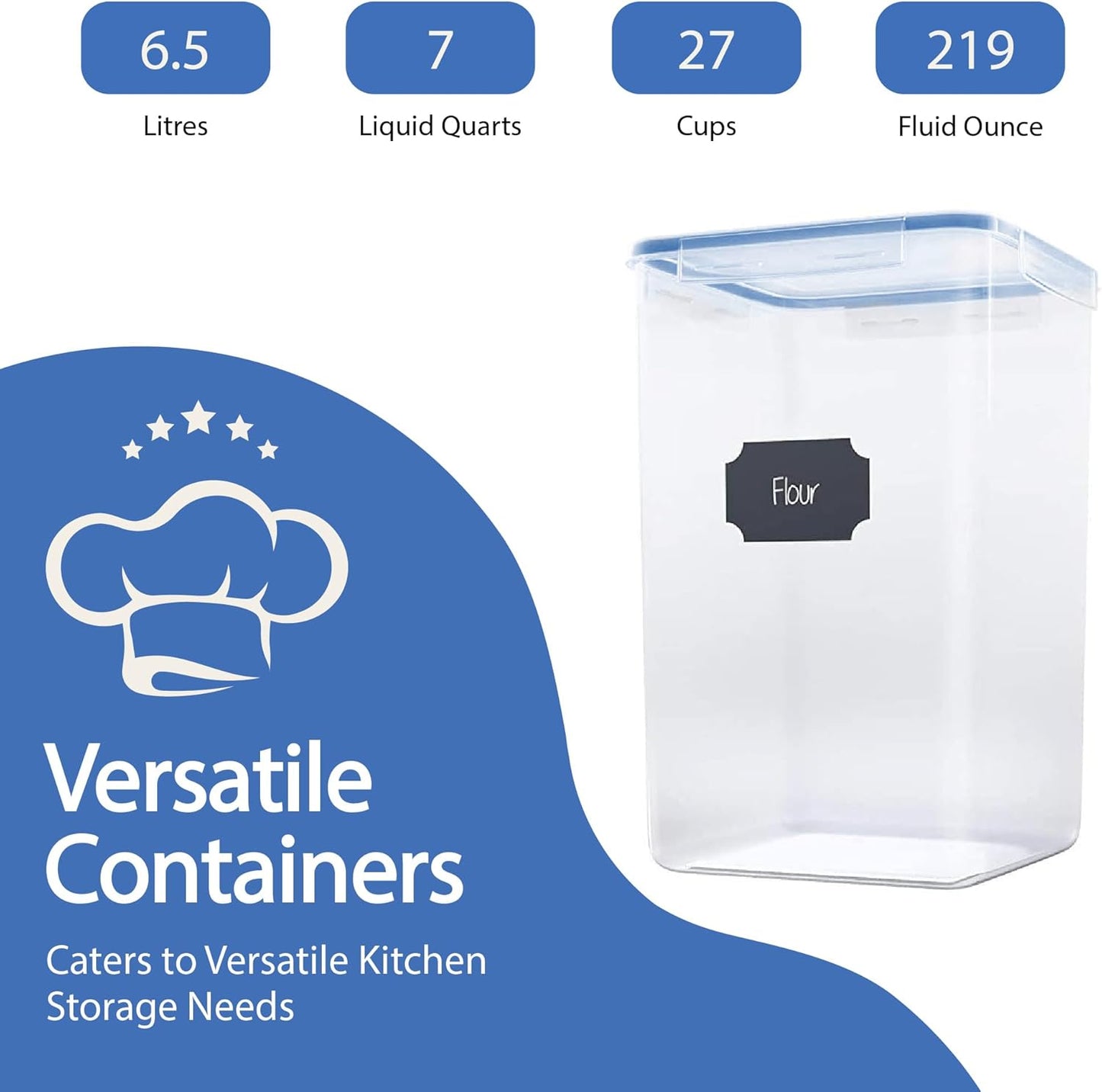 Chef's Path Extra Large Airtight Food Storage Containers with Blue Lid Color, Pack of 6, Kitchen and Pantry Canisters for Flour, Sugar, and Baking Supplies, Includes Measuring Spoons, Labels, and Pen