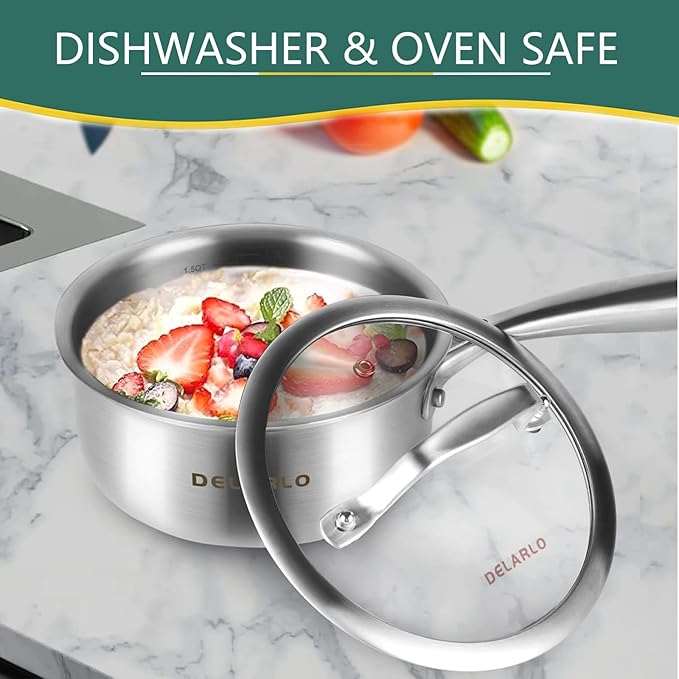 DELARLO Tri-Ply Stainless Steel Induction Saucepan, 1.5 QT with Lid, All Stove Compatible 600, Small Pots for Cooking, Heavy Duty Saucier, Dishwasher Safe