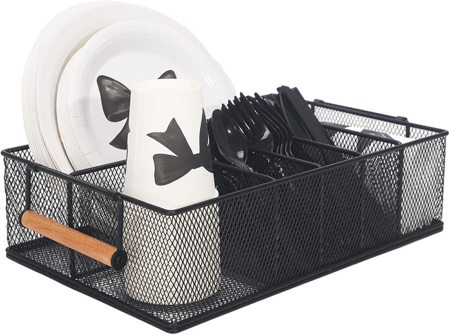 Paper Plate Holders with Wooden Handle for Countertop Cutlery Holder for Party Silverware Plastic Silverware Organizer Utensil Caddy for Kitchen,Picnic,Indoor/Outdoor Dinner Parties,BBQ