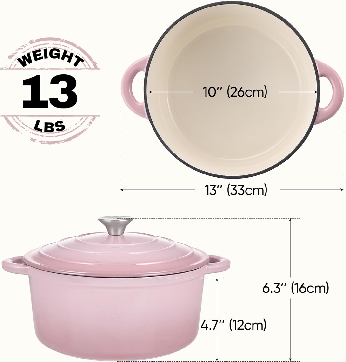 6 Quart Dutch Oven Pot with Lid, Non Stick Enameled Cast Iron Dutch Oven for Bread Baking, Heavy-Duty, Oven Safe Ceramic Cookware Up to 500°F for Baking, Braising, Stews, Roasting, Pink